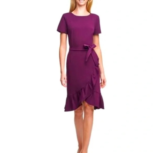 EUC Calvin Klein Purple Short Sleeve Belted Ruffle Tulip Hem Faux Wrap Dress 20W - Picture 3 of 3
